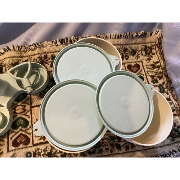 Vintage Tupperware Light Blue Condiment Caddy with 3 Cups & Lids #757-4 USA Made - Picture 10 of 11